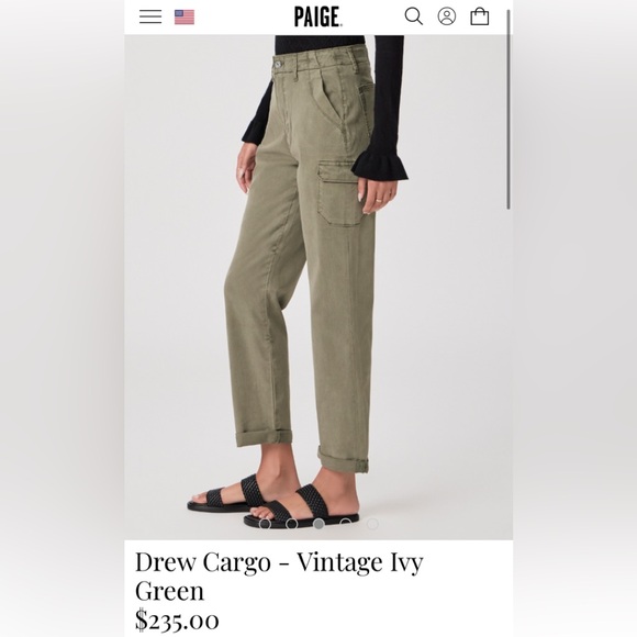PAIGE Drew Vintage Ivy Green Cargo Pockets Pants, Cuffed NWT Relaxed Straight - Picture 1 of 11